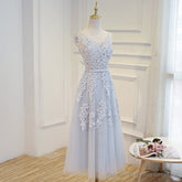 Simple Pretty Light Grey Tea Length Prom Dress, Tea Length Bridesmaid Dress